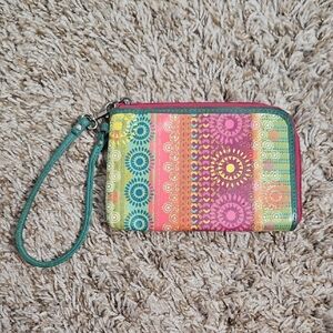 Fossil Pink & Green Boho Chic Zip Wristlet Clutch
